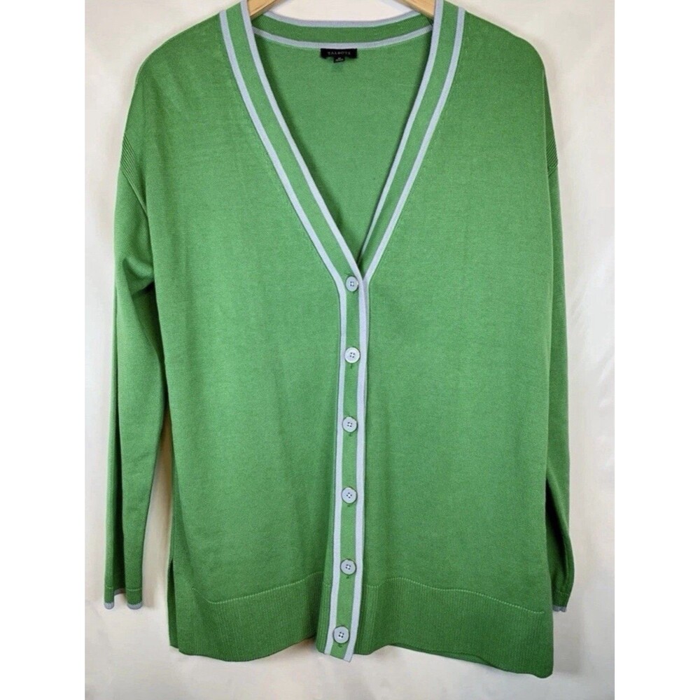 Talbots Tip Par Green Gray Button Up Long Sleeve Cardigan Sweater Size Medium - Picture 2 of 8
